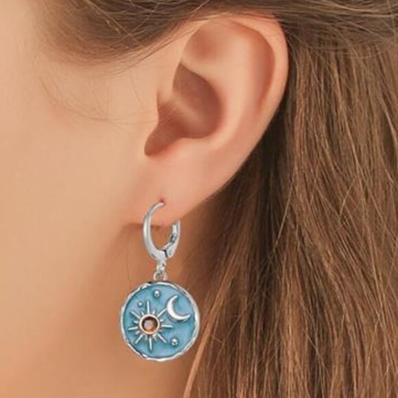 Vintage Sun & Moon Huggie Hoop Earrings | Boho Celestial Coin Dangle Jewelry - Picture 2 of 4